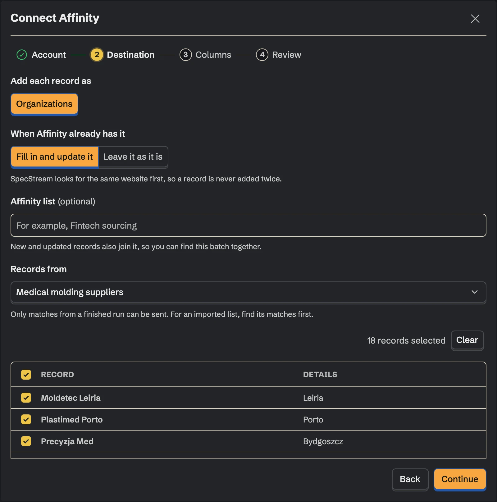 Connect Affinity, the Destination step