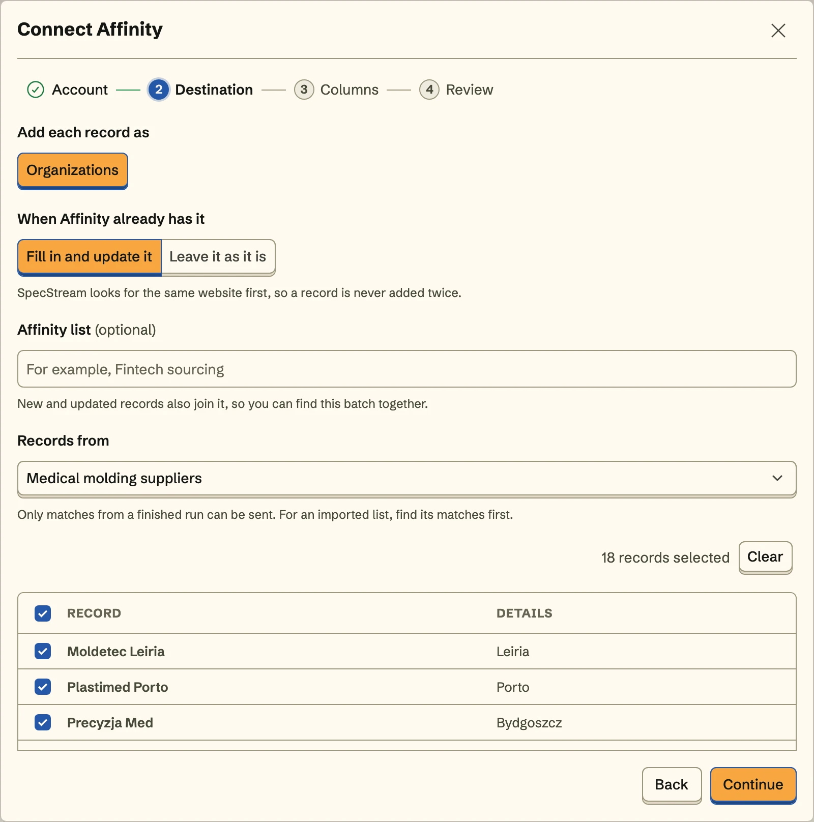 Connect Affinity, the Destination step