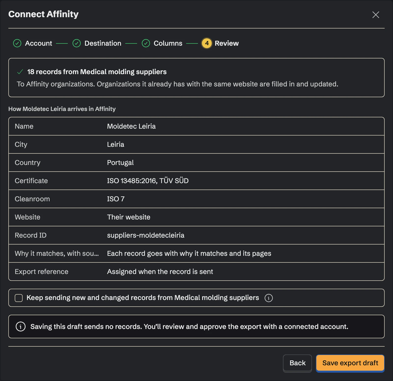 Connect Affinity, the Review step