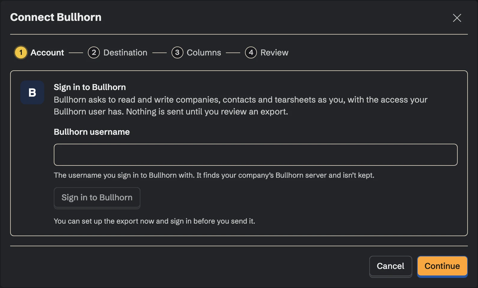 Connect Bullhorn, the Account step