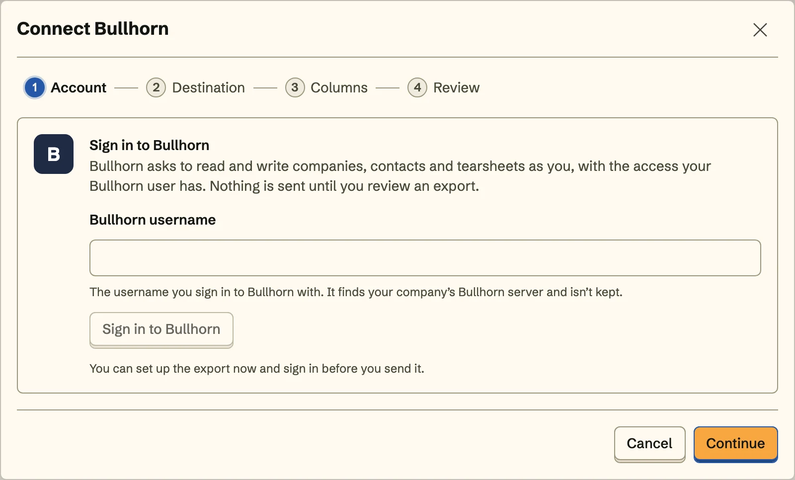 Connect Bullhorn, the Account step