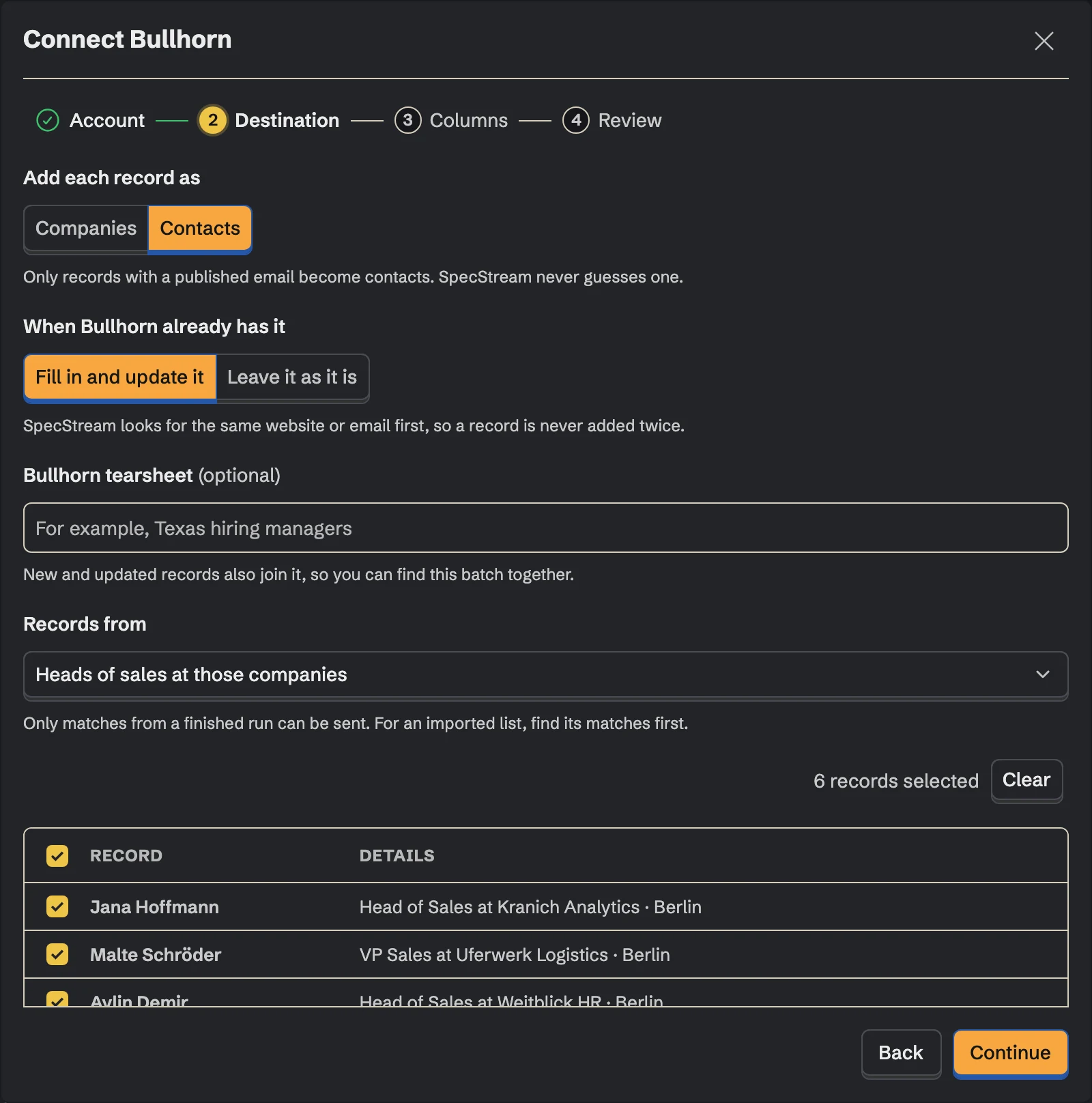 Connect Bullhorn, the Destination step