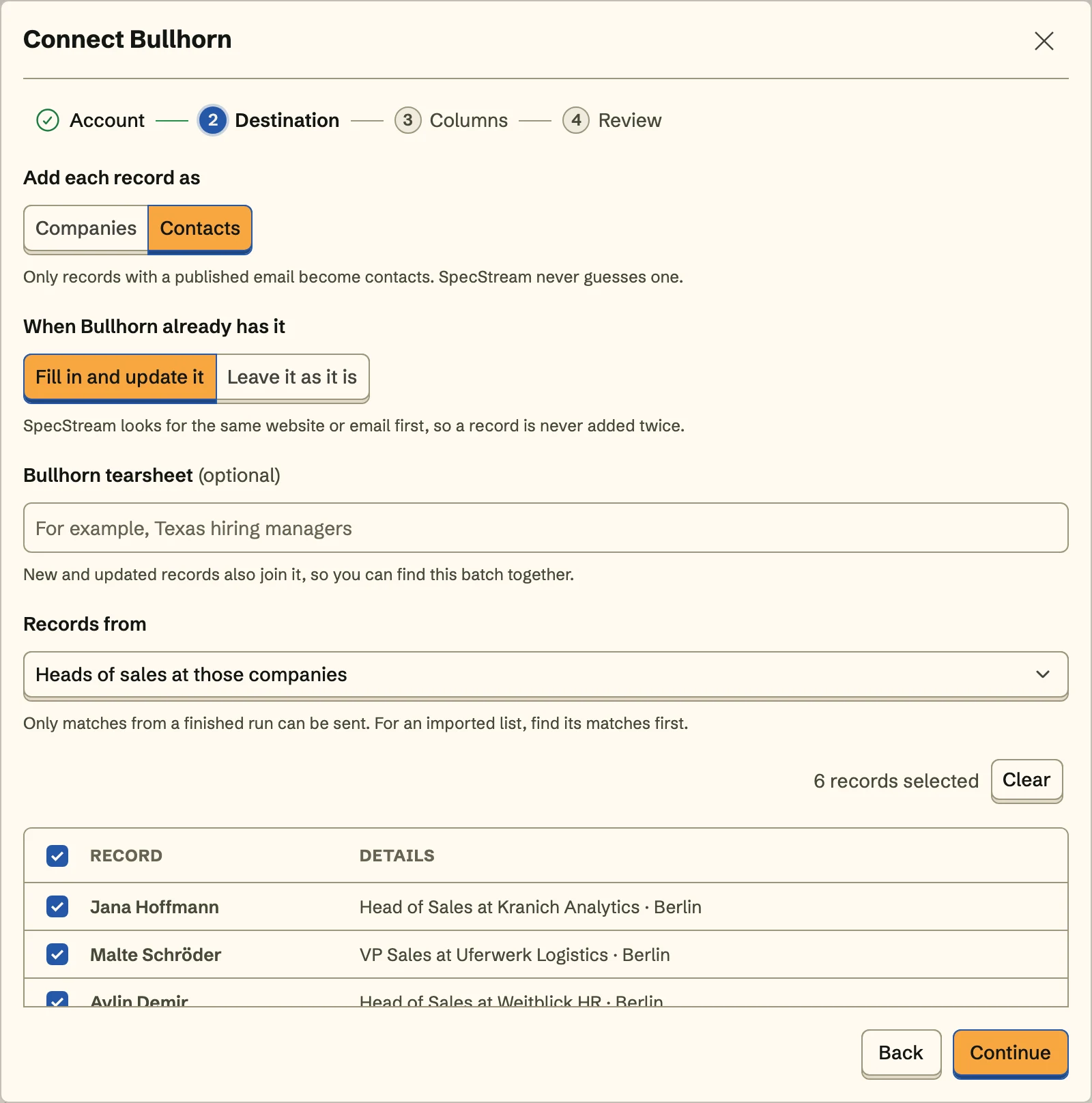 Connect Bullhorn, the Destination step