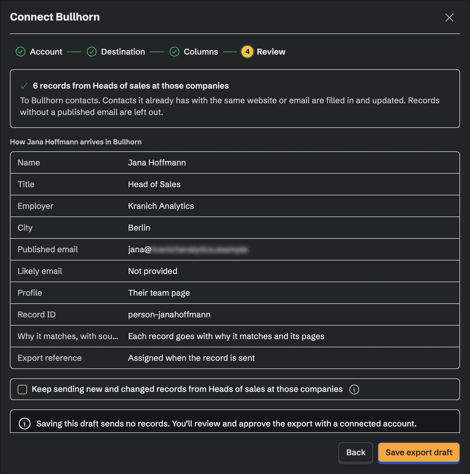 Connect Bullhorn, the Review step