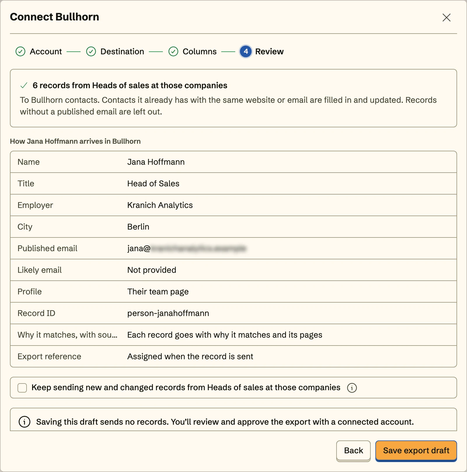 Connect Bullhorn, the Review step