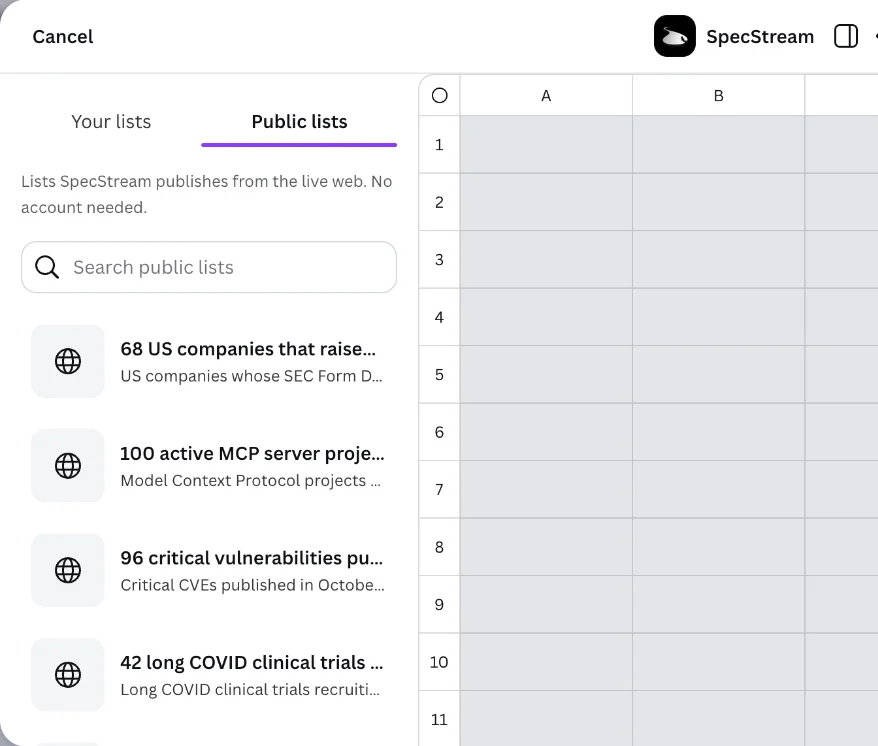 The SpecStream app in Canva with its public lists