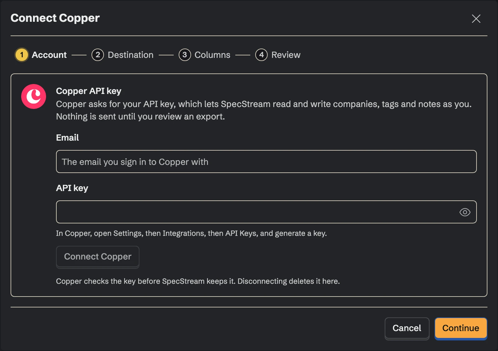 Connect Copper, the Account step