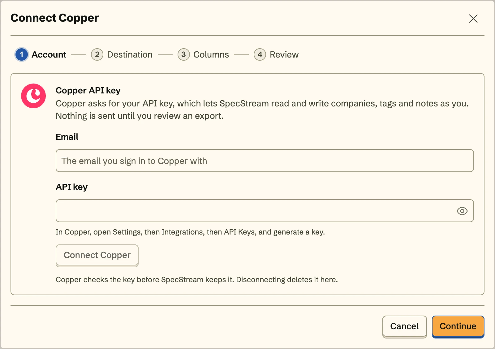 Connect Copper, the Account step