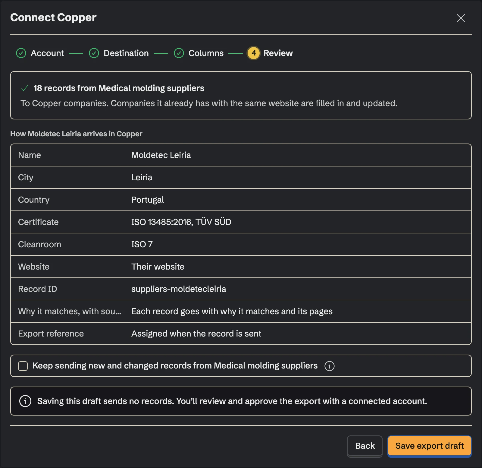 Connect Copper, the Review step