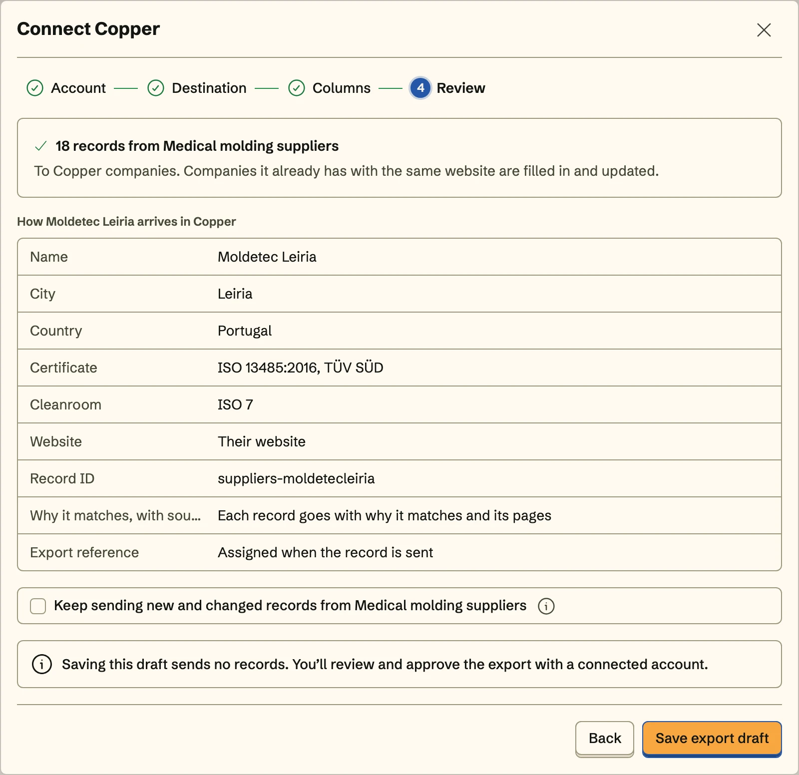Connect Copper, the Review step