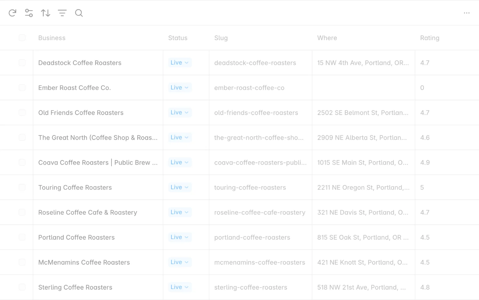 A Framer CMS collection of Portland coffee roasters filled by SpecStream, with a status, a slug, a location and a rating for each item