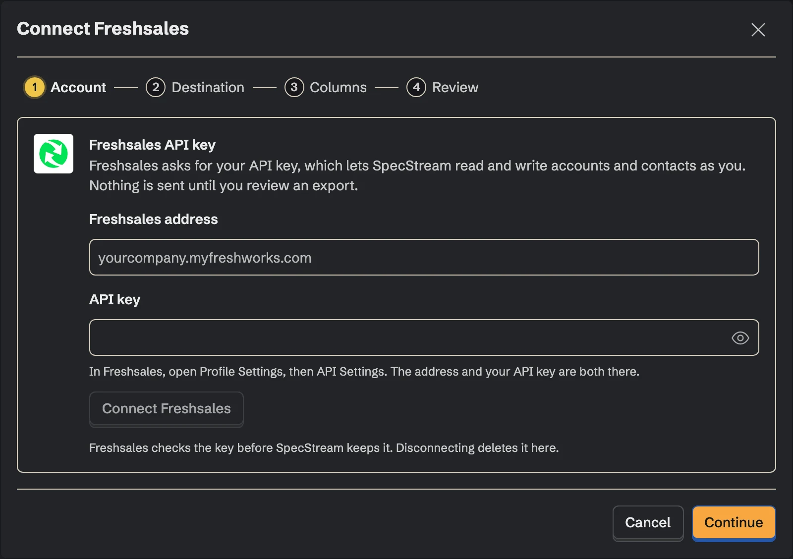 Connect Freshsales, the Account step
