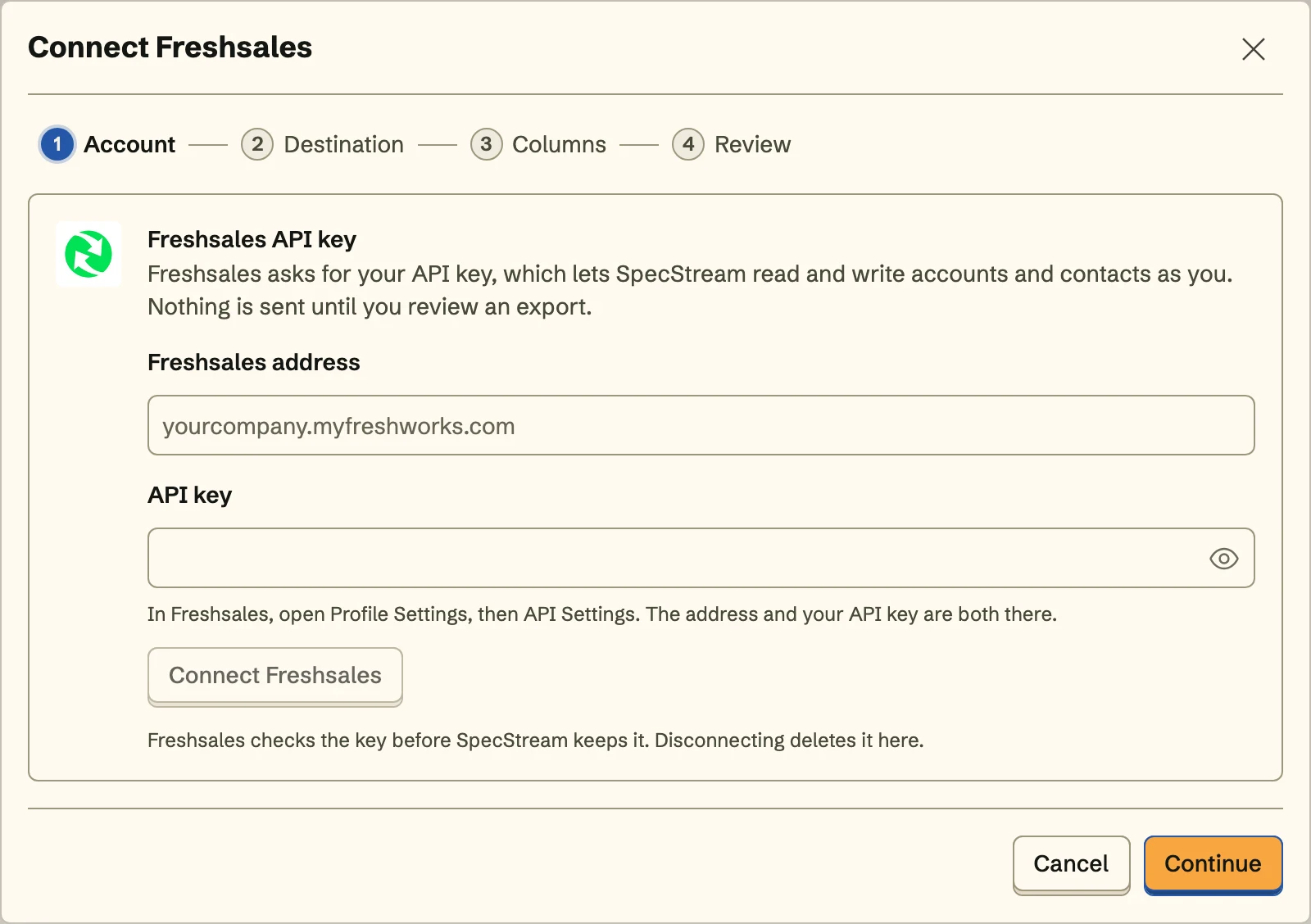 Connect Freshsales, the Account step