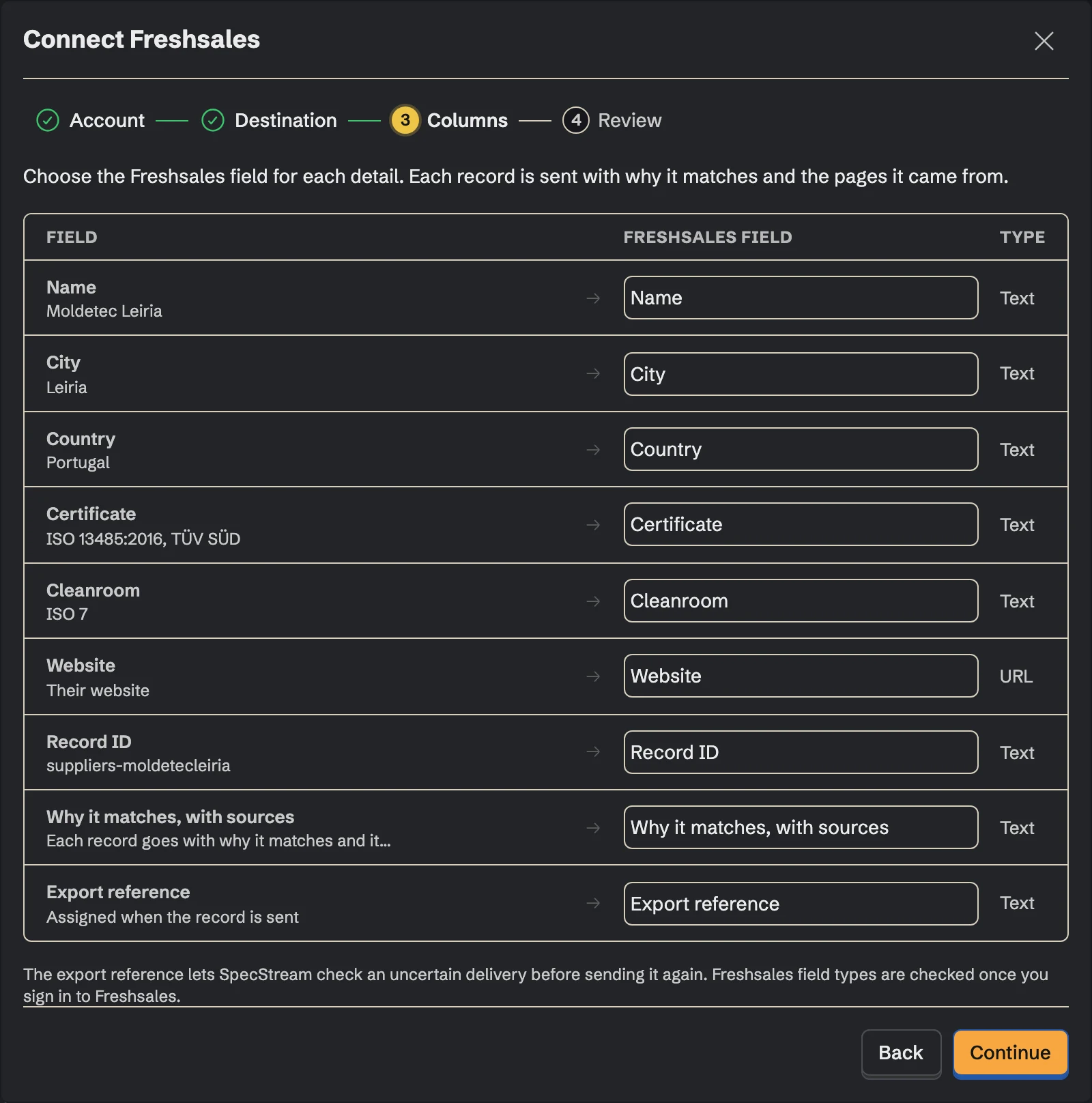 Connect Freshsales, the Columns step
