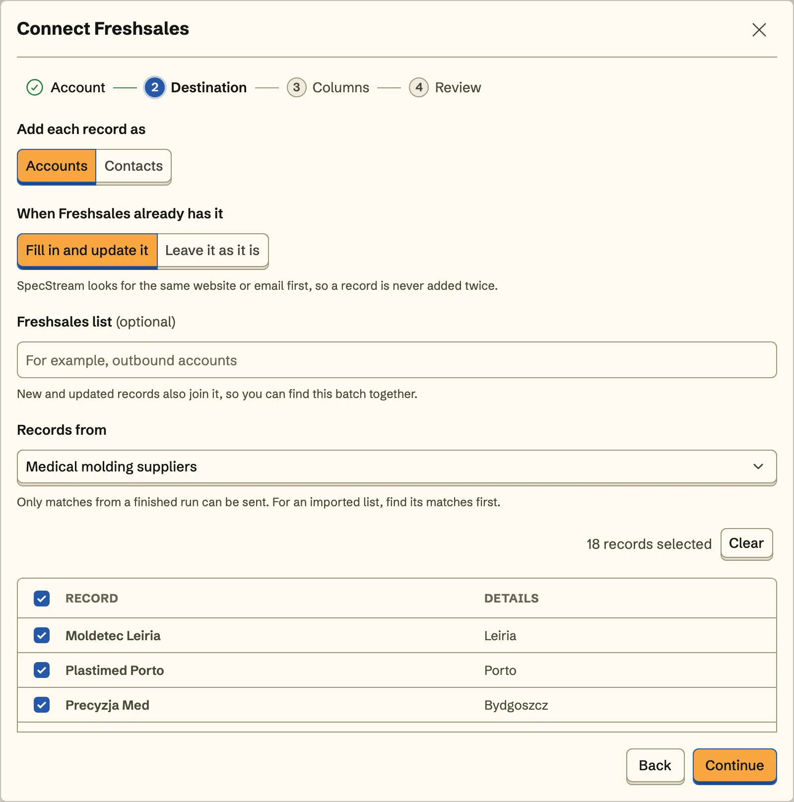 Connect Freshsales, the Destination step