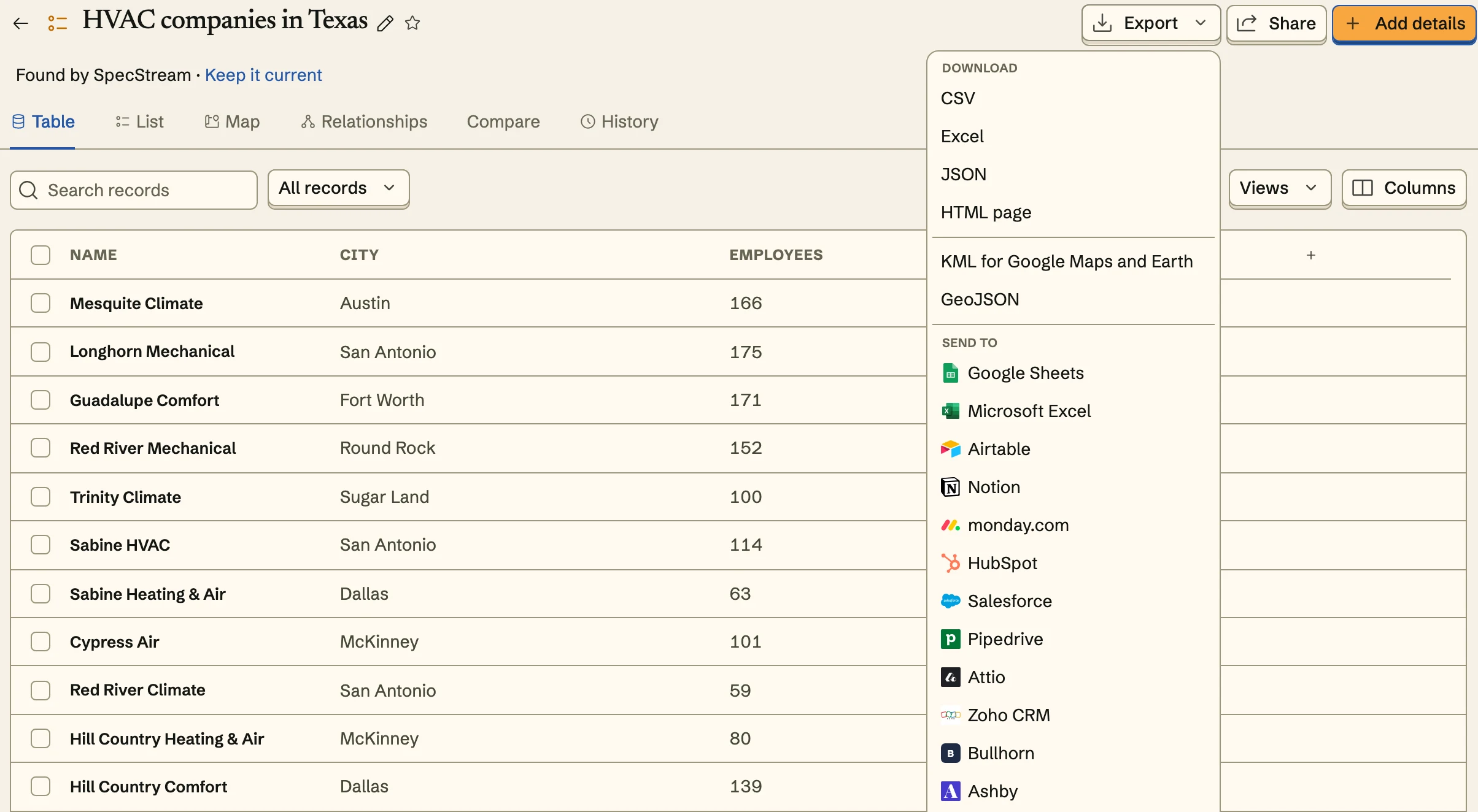 The Export menu, with Freshsales under Send to