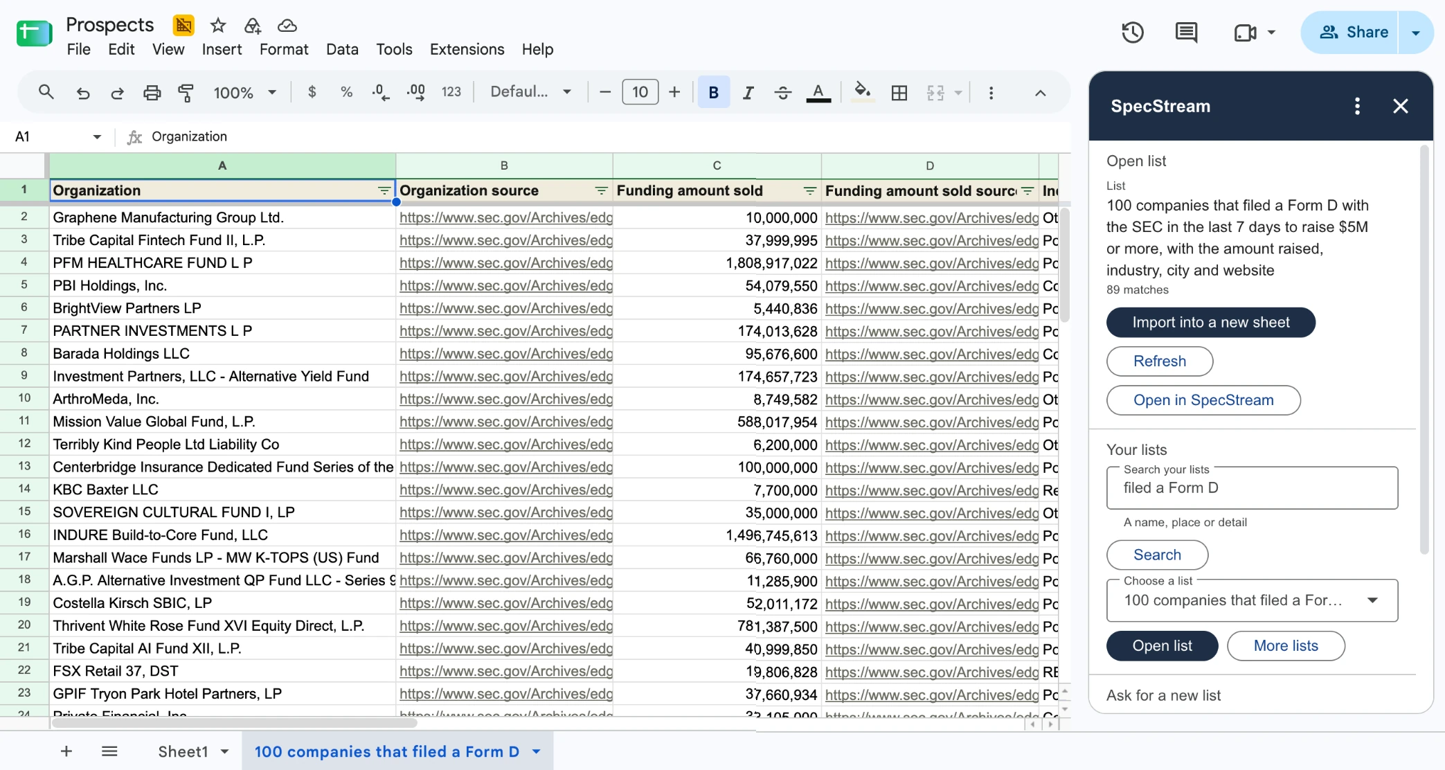 A SpecStream list imported into Google Sheets, each value next to its source