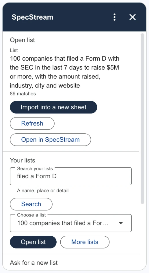 The SpecStream side panel in Google Sheets with your lists and a new request