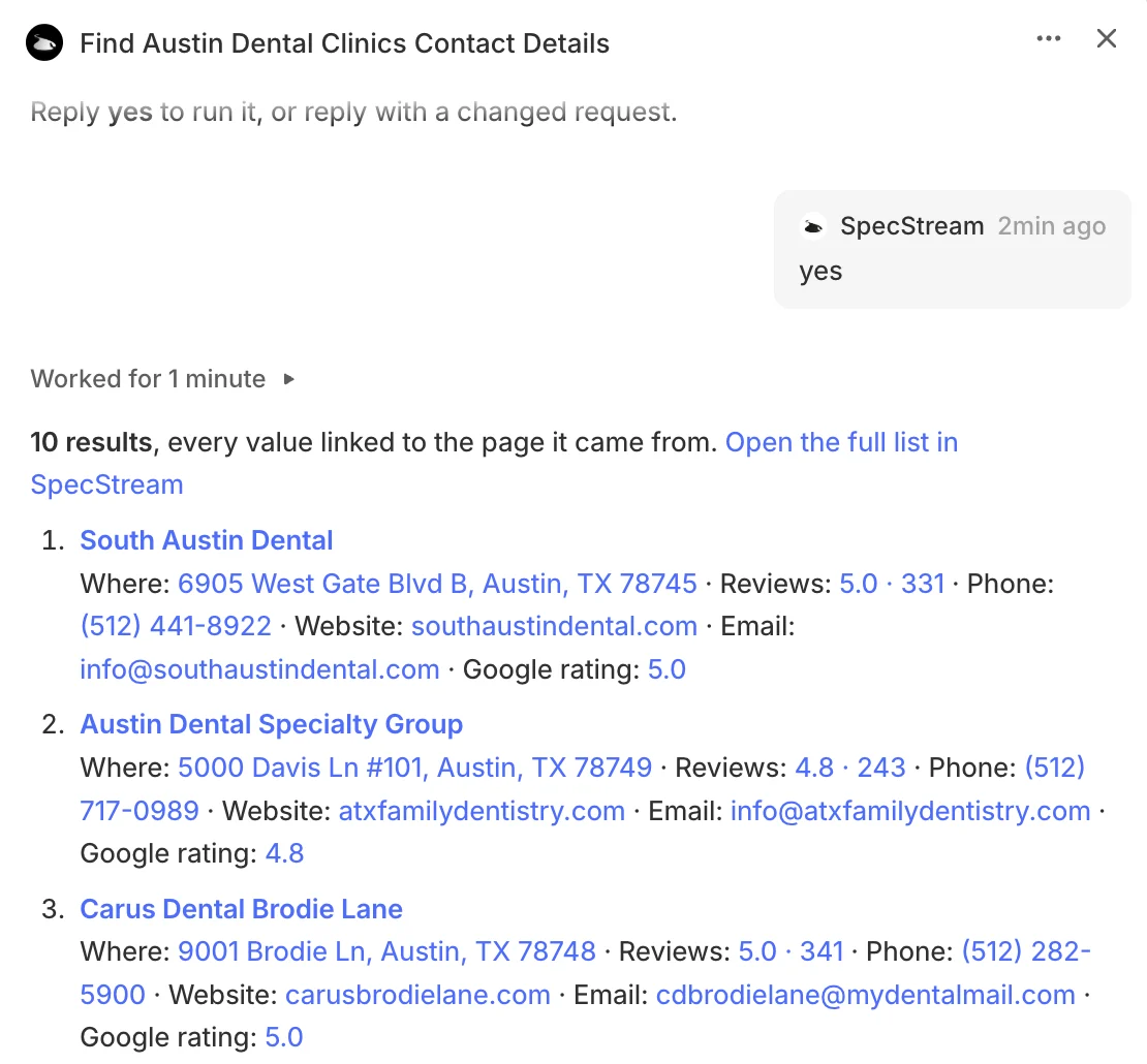 SpecStream's reply on a Linear issue: ten Austin dental clinics, every value linked to the page it came from