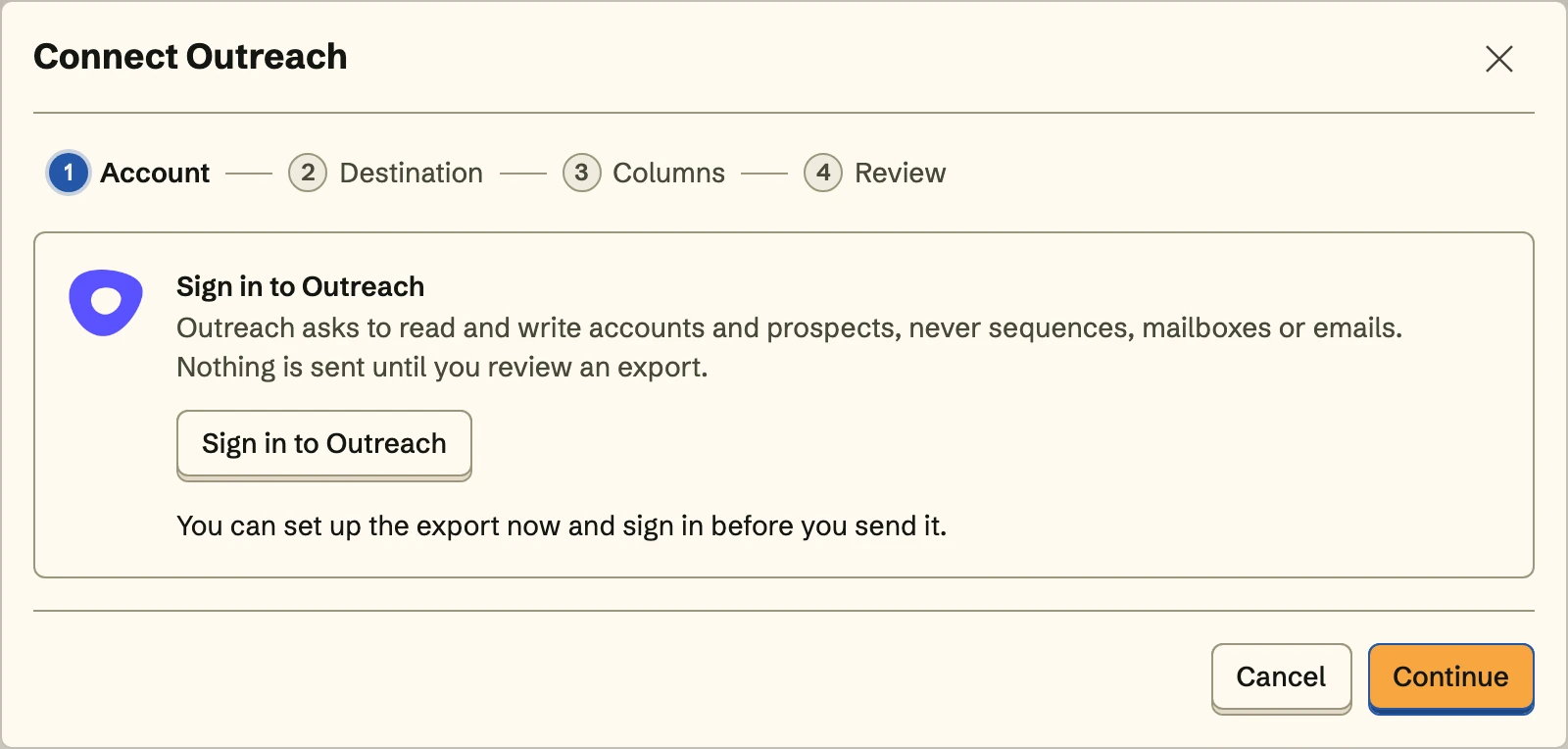 Connect Outreach, the Account step