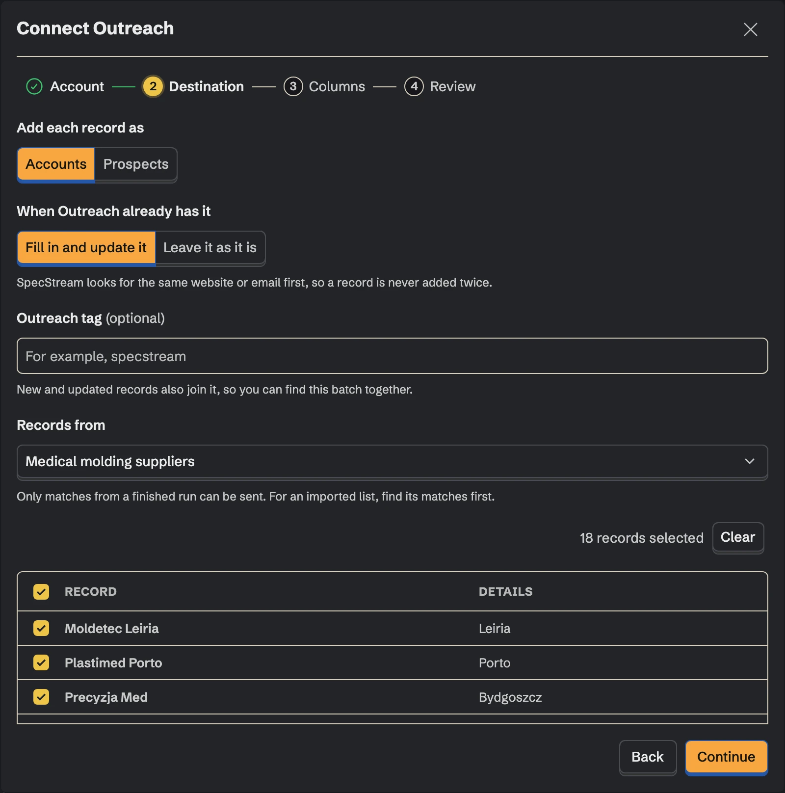 Connect Outreach, the Destination step