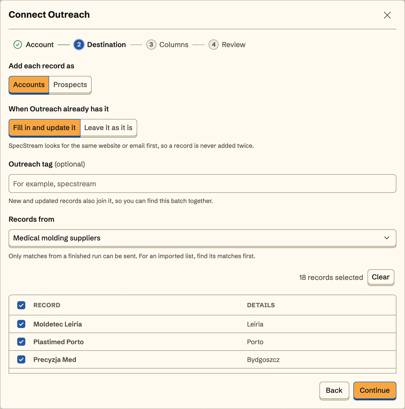 Connect Outreach, the Destination step