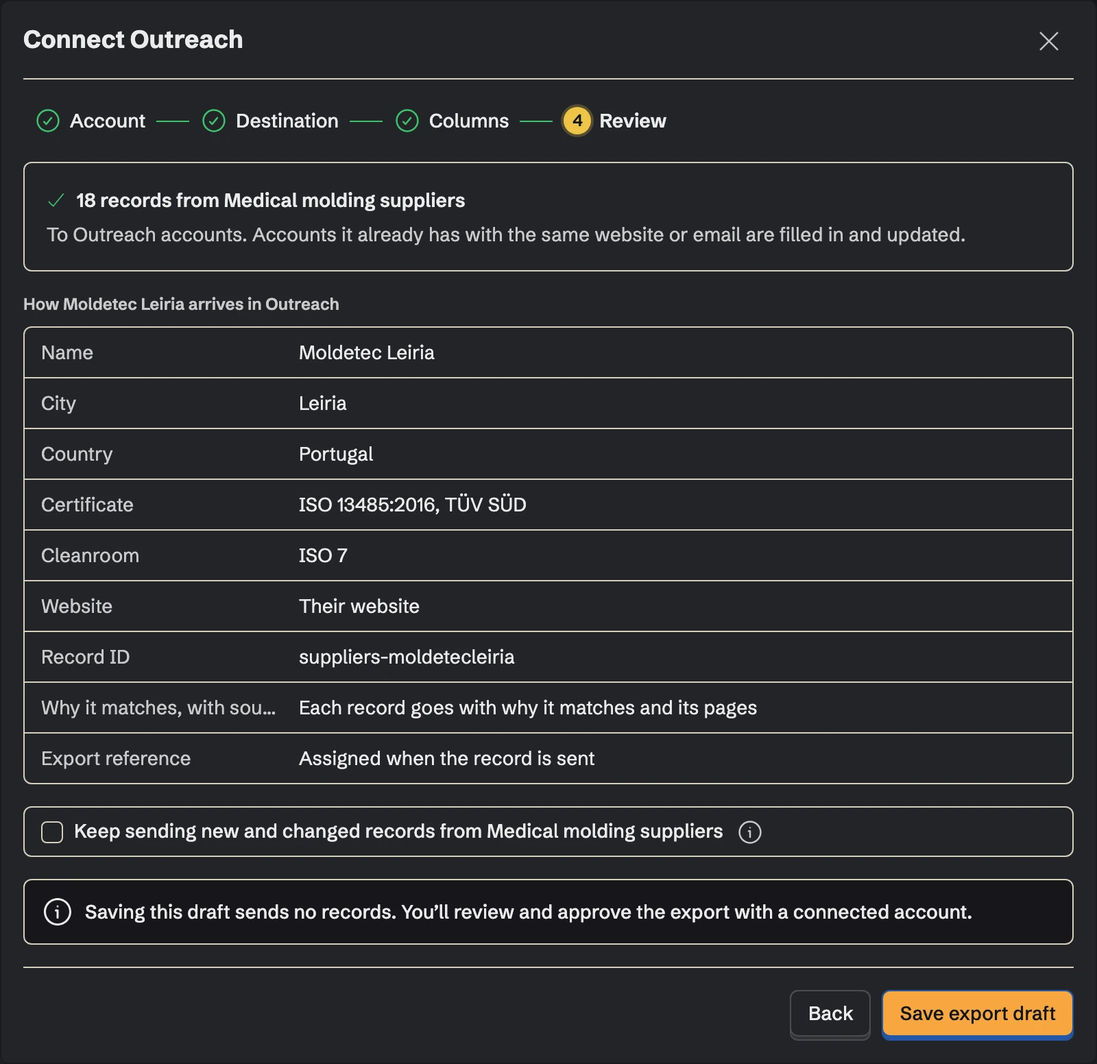 Connect Outreach, the Review step