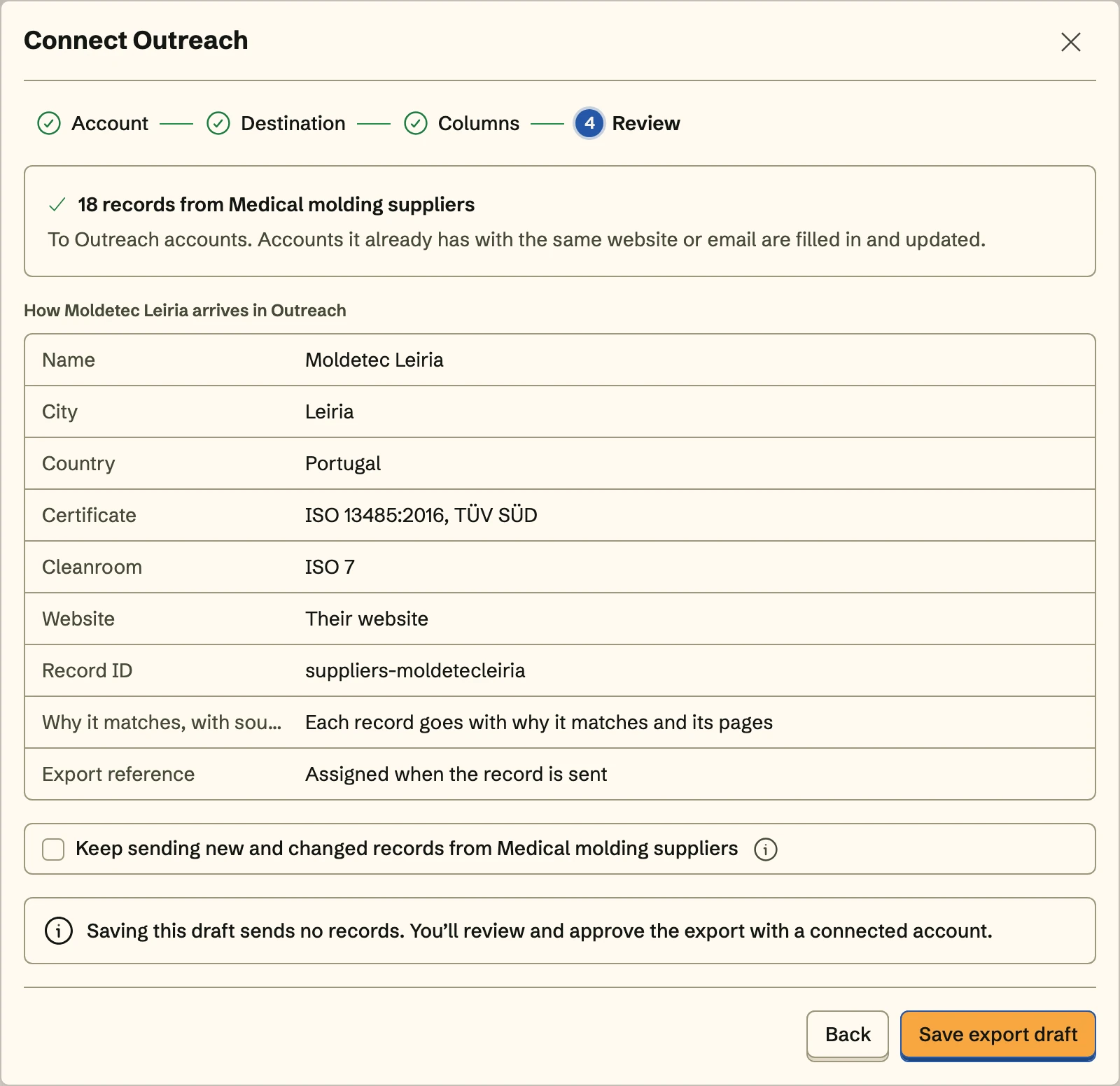 Connect Outreach, the Review step