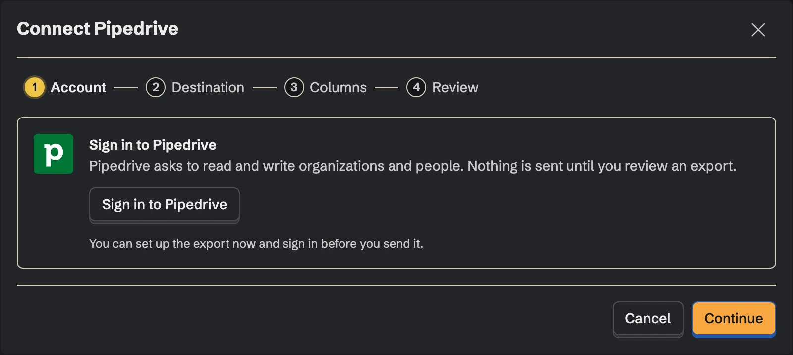 Connect Pipedrive, the Account step