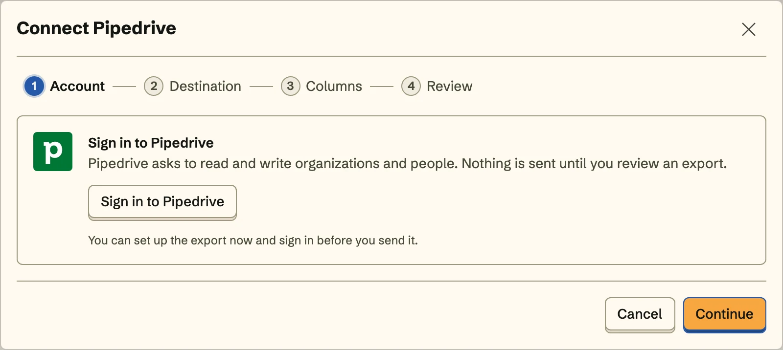 Connect Pipedrive, the Account step