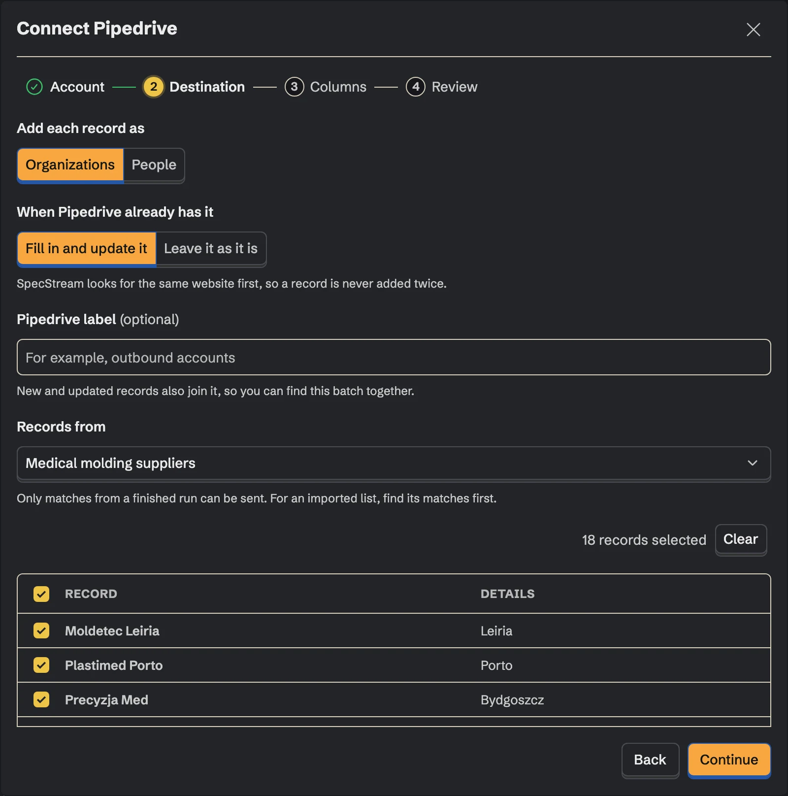 Connect Pipedrive, the Destination step