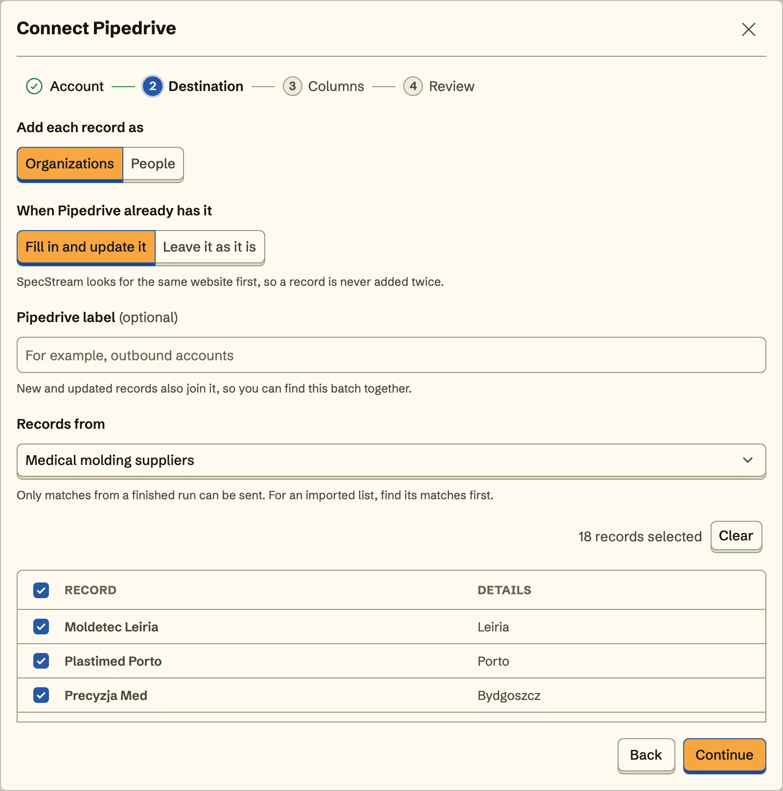 Connect Pipedrive, the Destination step