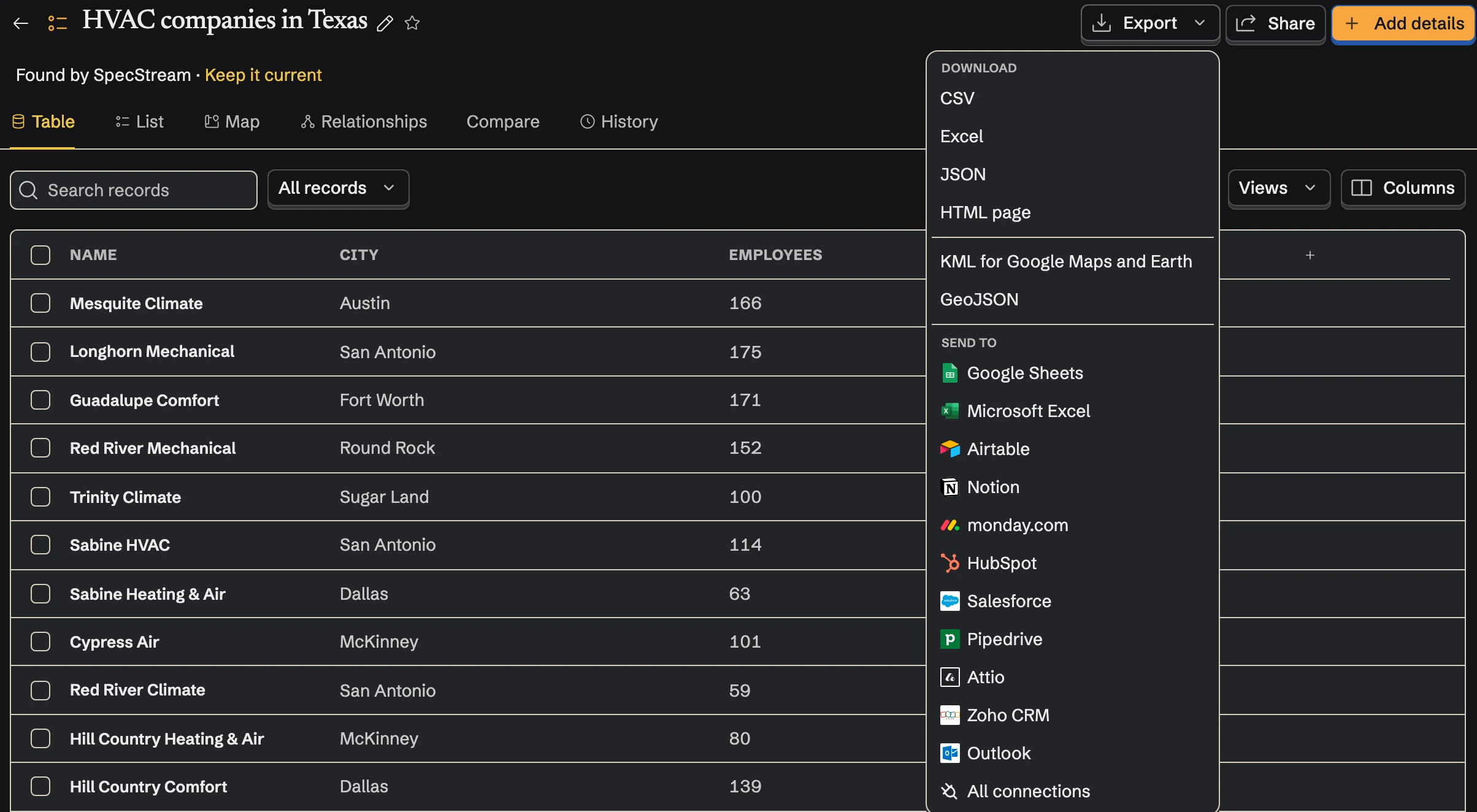 The Export menu, with Pipedrive under Send to