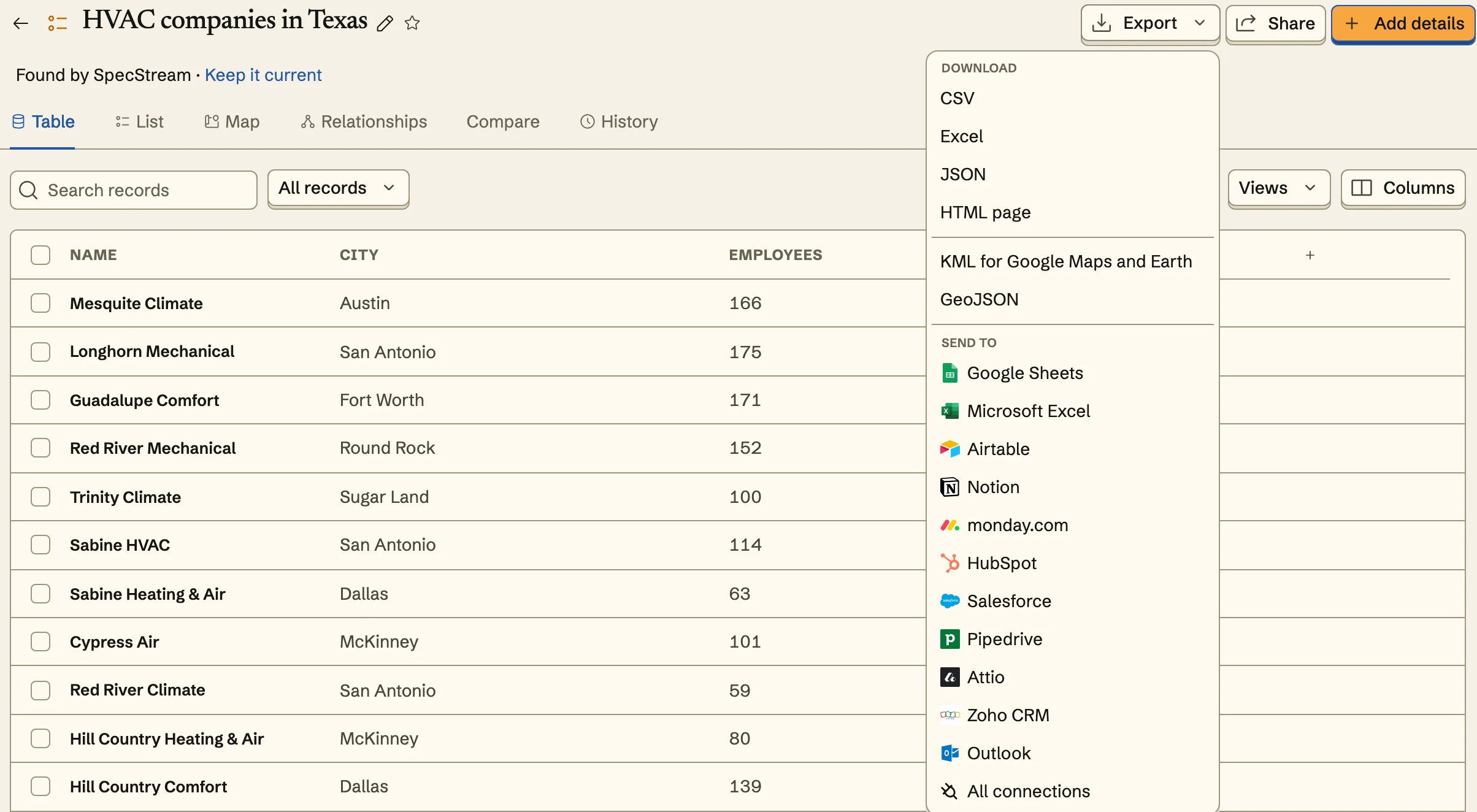 The Export menu, with Pipedrive under Send to