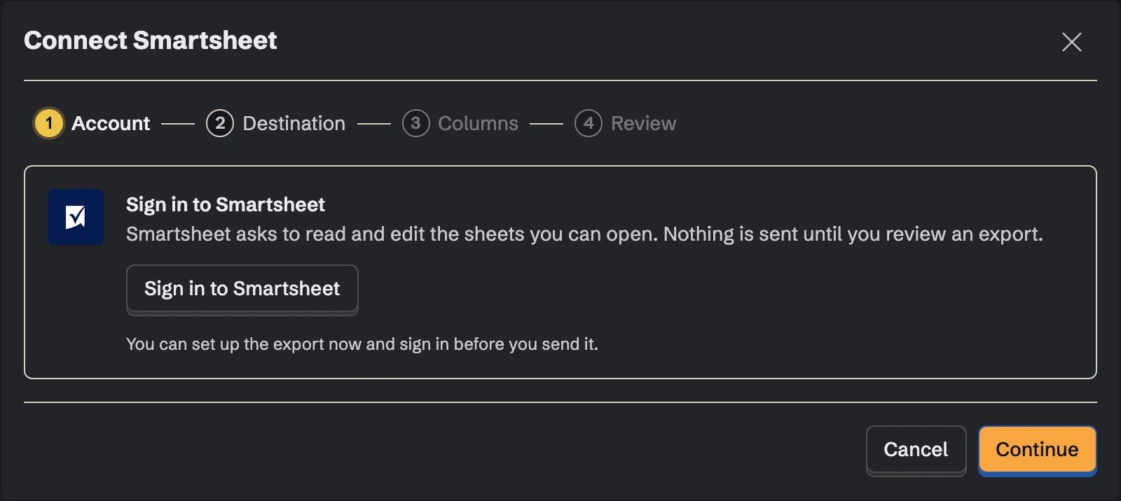 Connect Smartsheet, the Account step