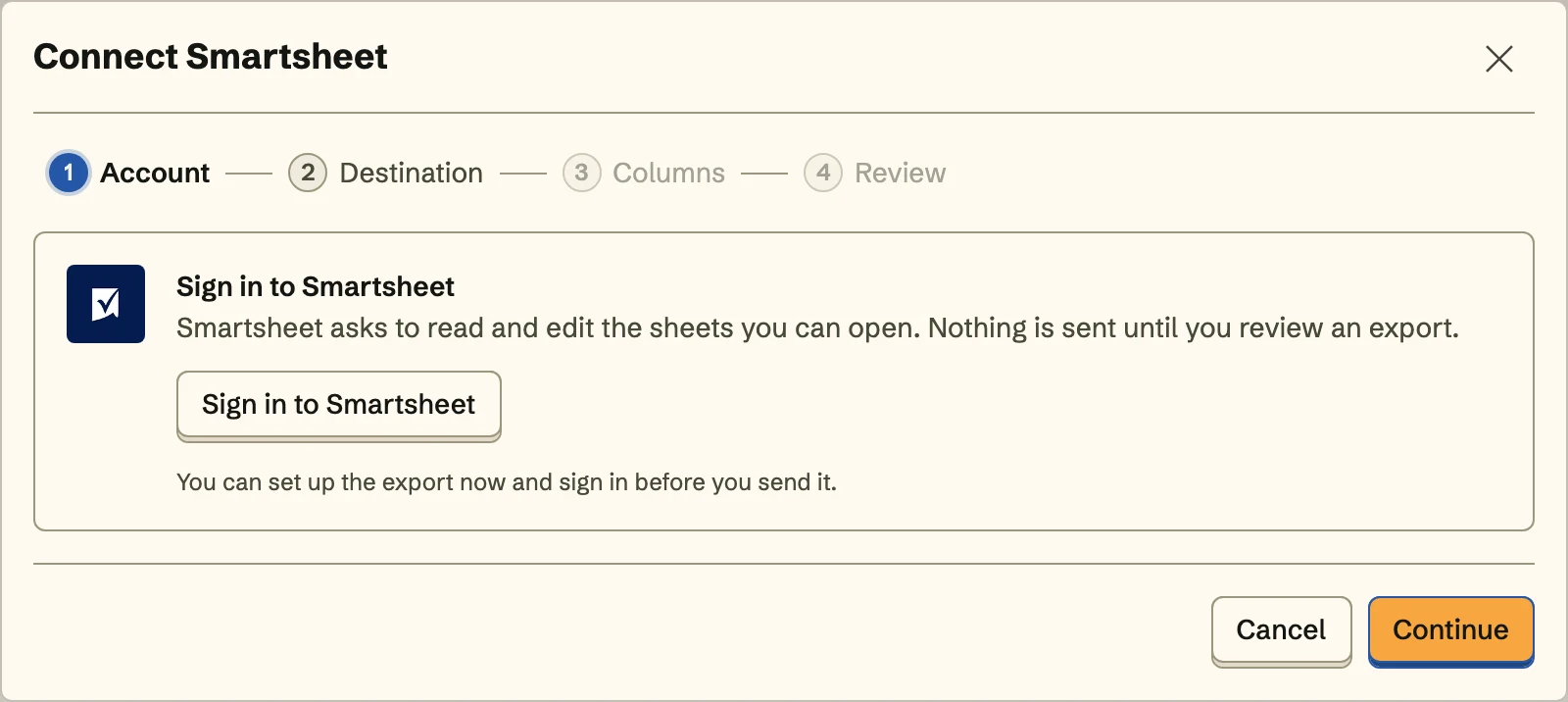 Connect Smartsheet, the Account step