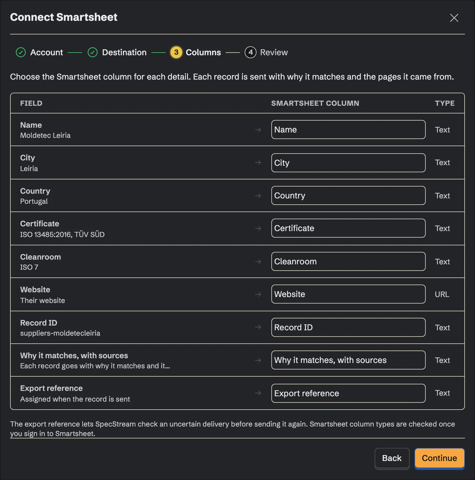 Connect Smartsheet, the Columns step
