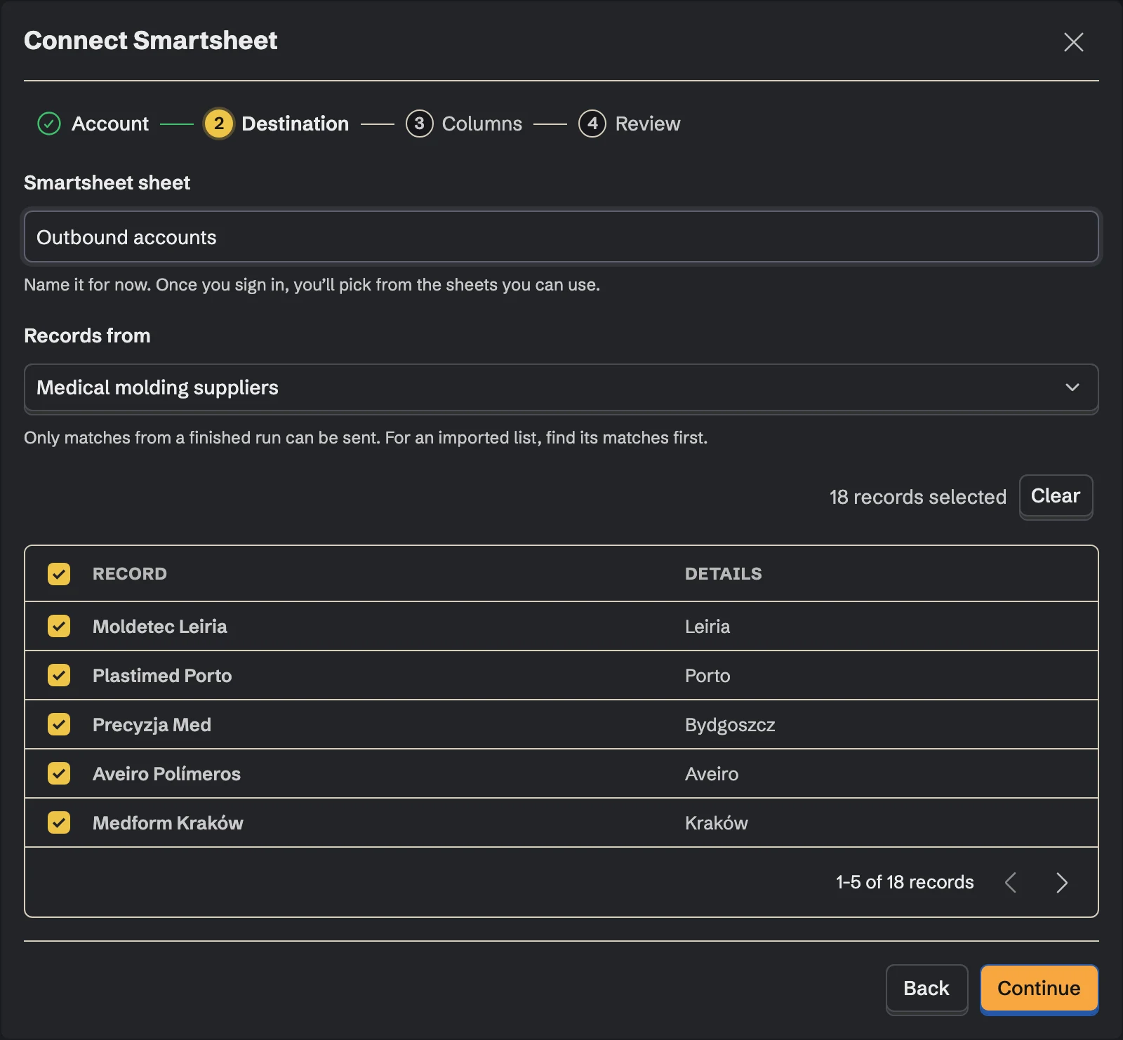 Connect Smartsheet, the Destination step