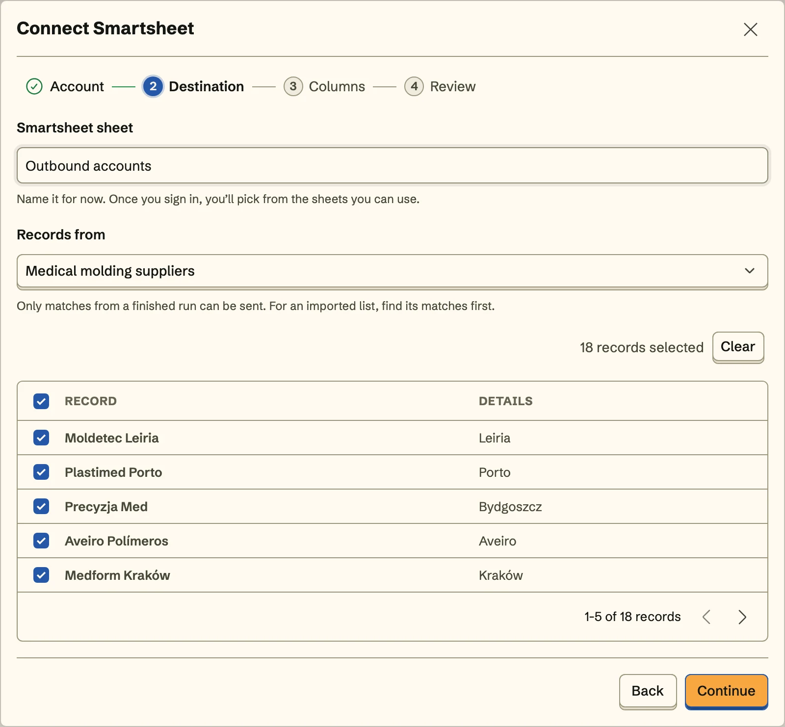 Connect Smartsheet, the Destination step