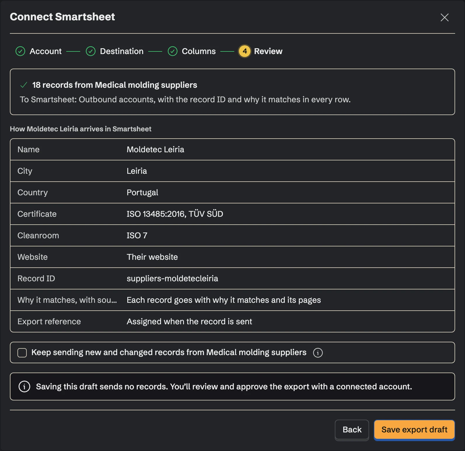 Connect Smartsheet, the Review step