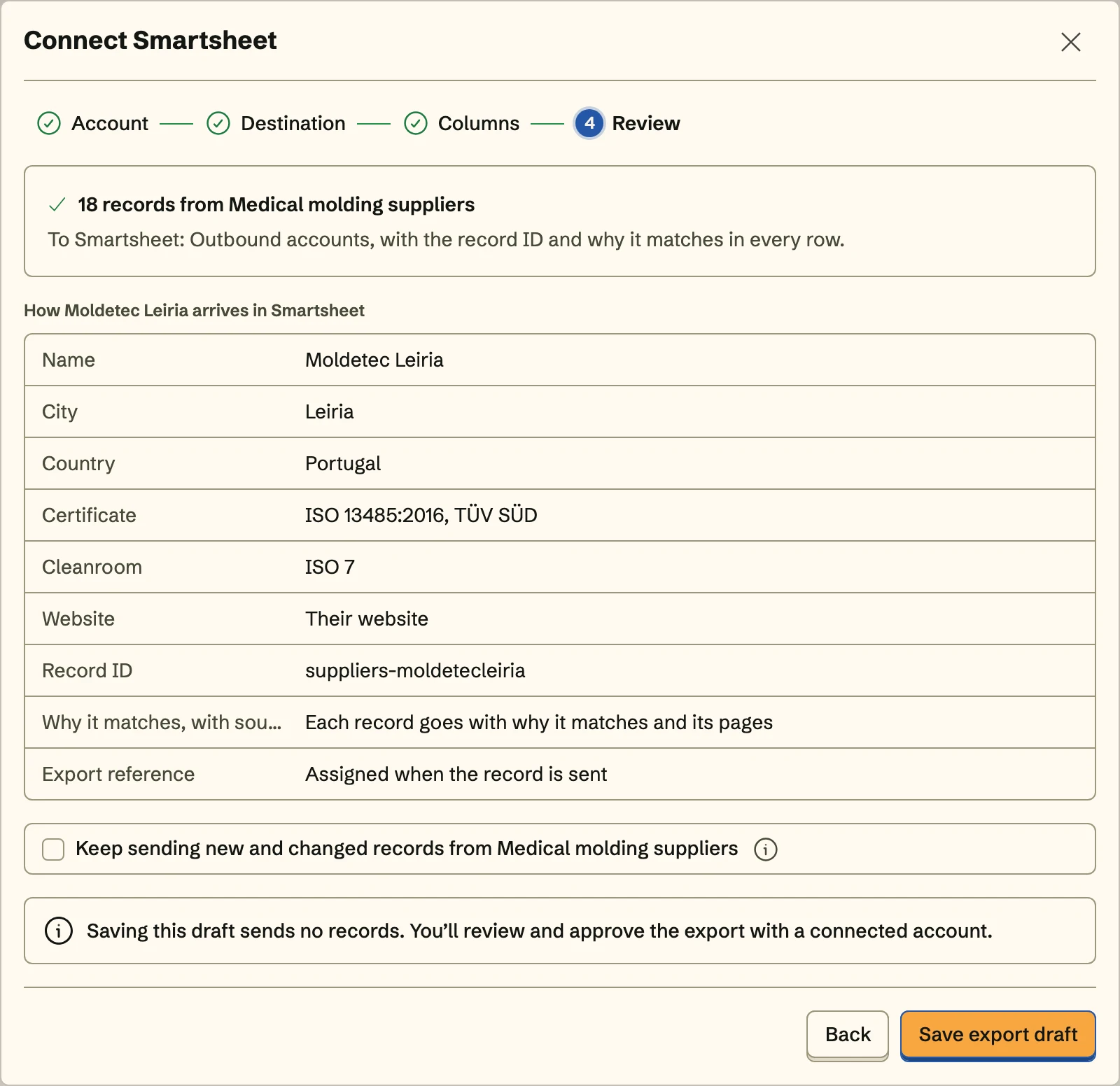 Connect Smartsheet, the Review step