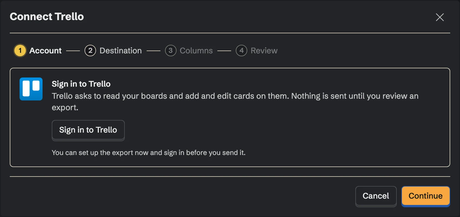 Connect Trello, the Account step