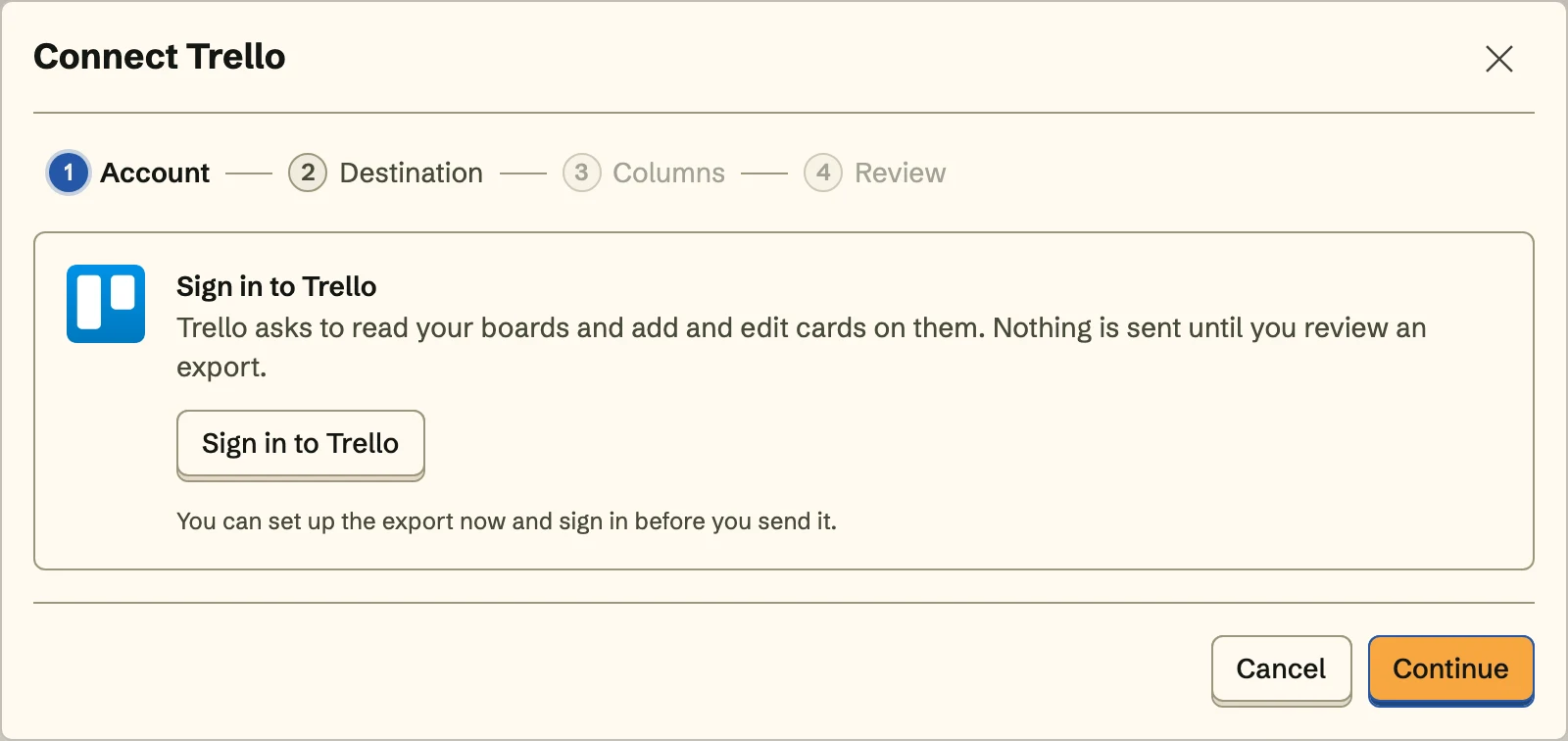Connect Trello, the Account step
