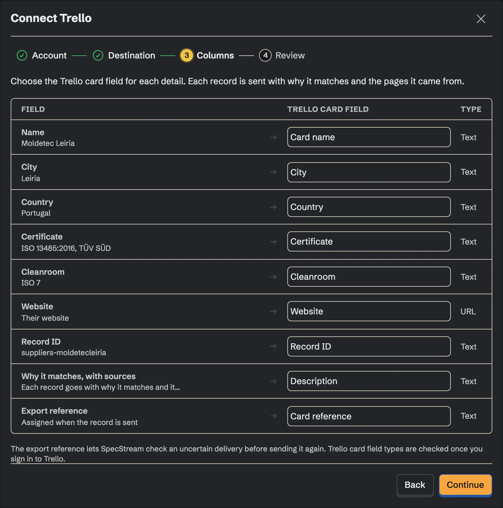 Connect Trello, the Columns step