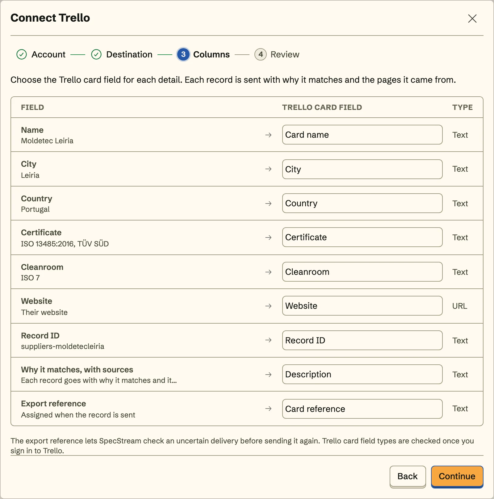 Connect Trello, the Columns step