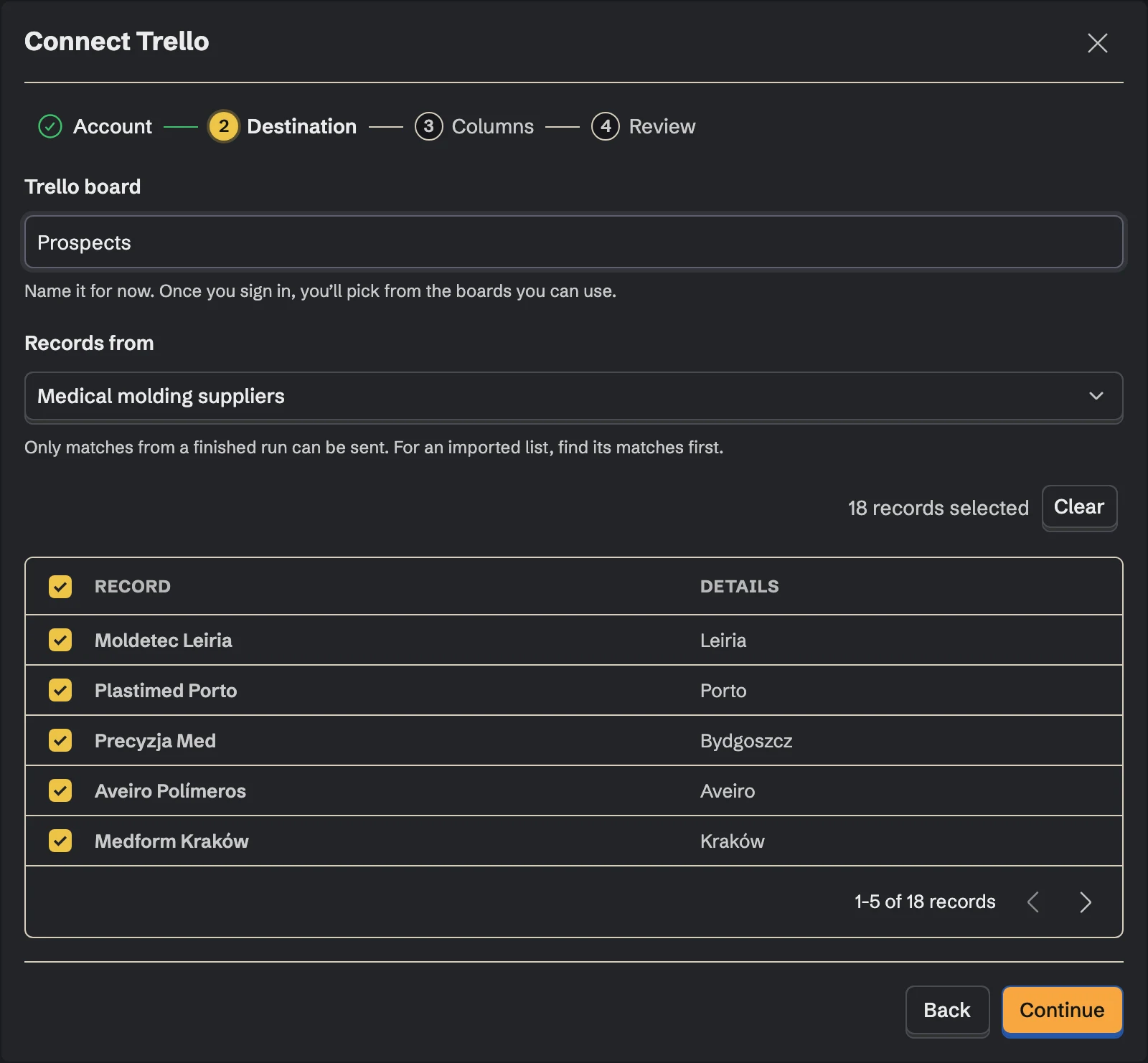Connect Trello, the Destination step