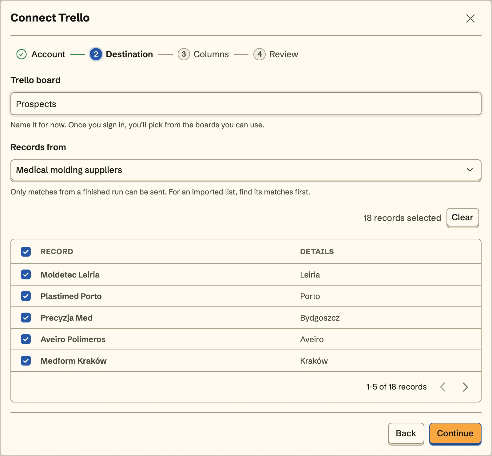 Connect Trello, the Destination step