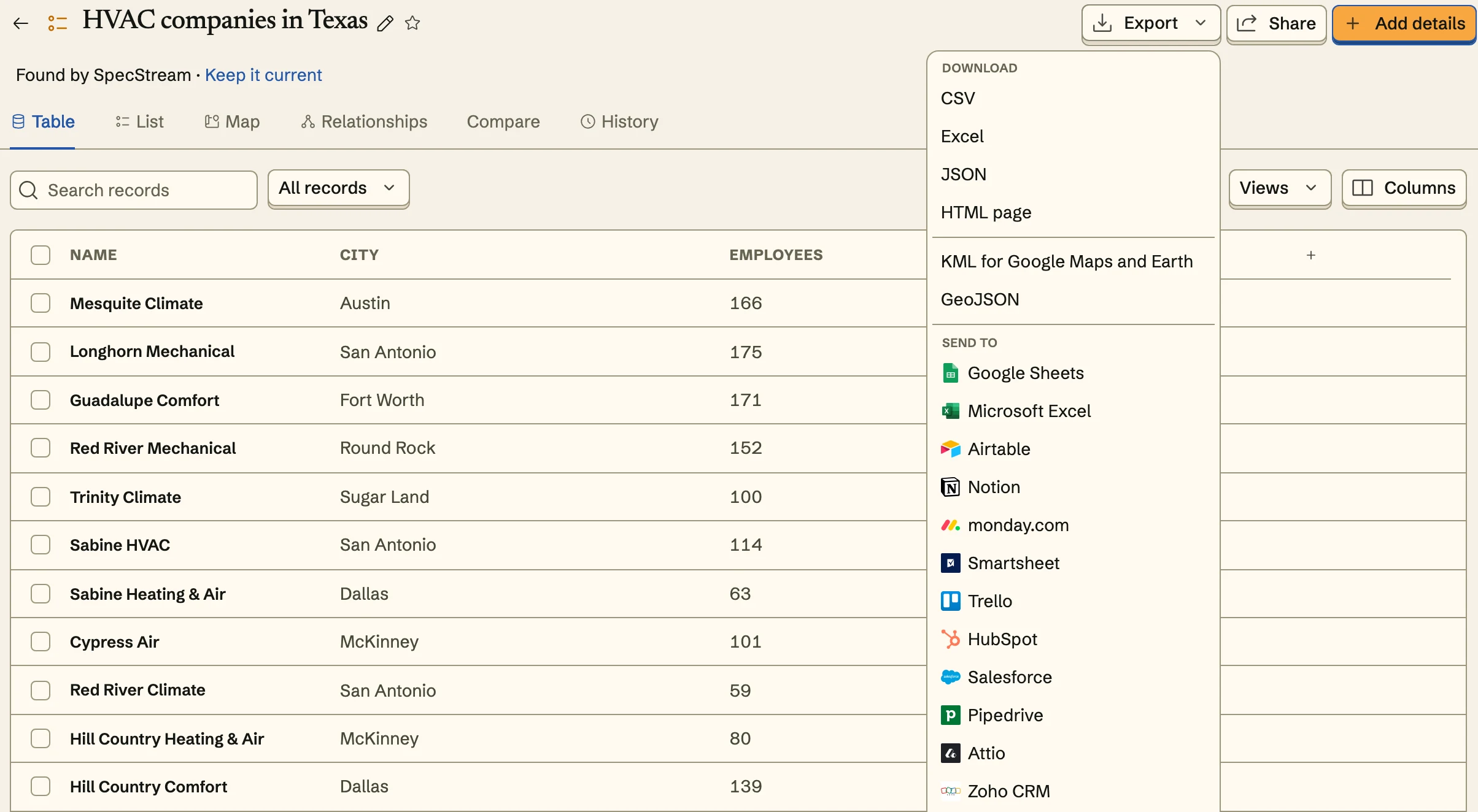 The Export menu, with Trello under Send to