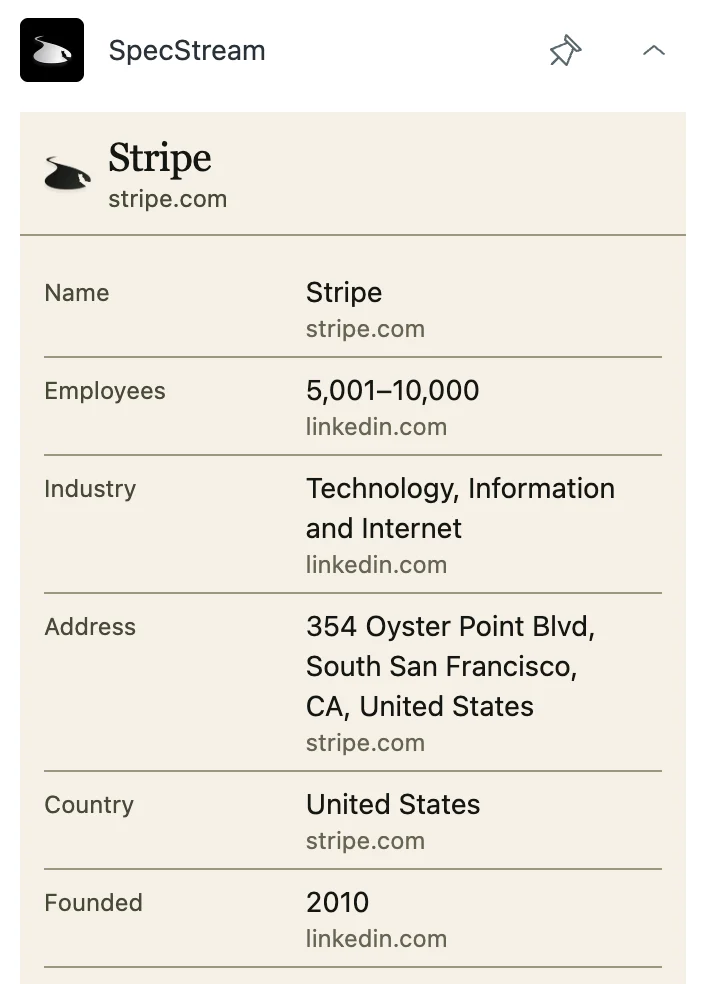 A company looked up from a Zendesk ticket, each value with the website it was read on