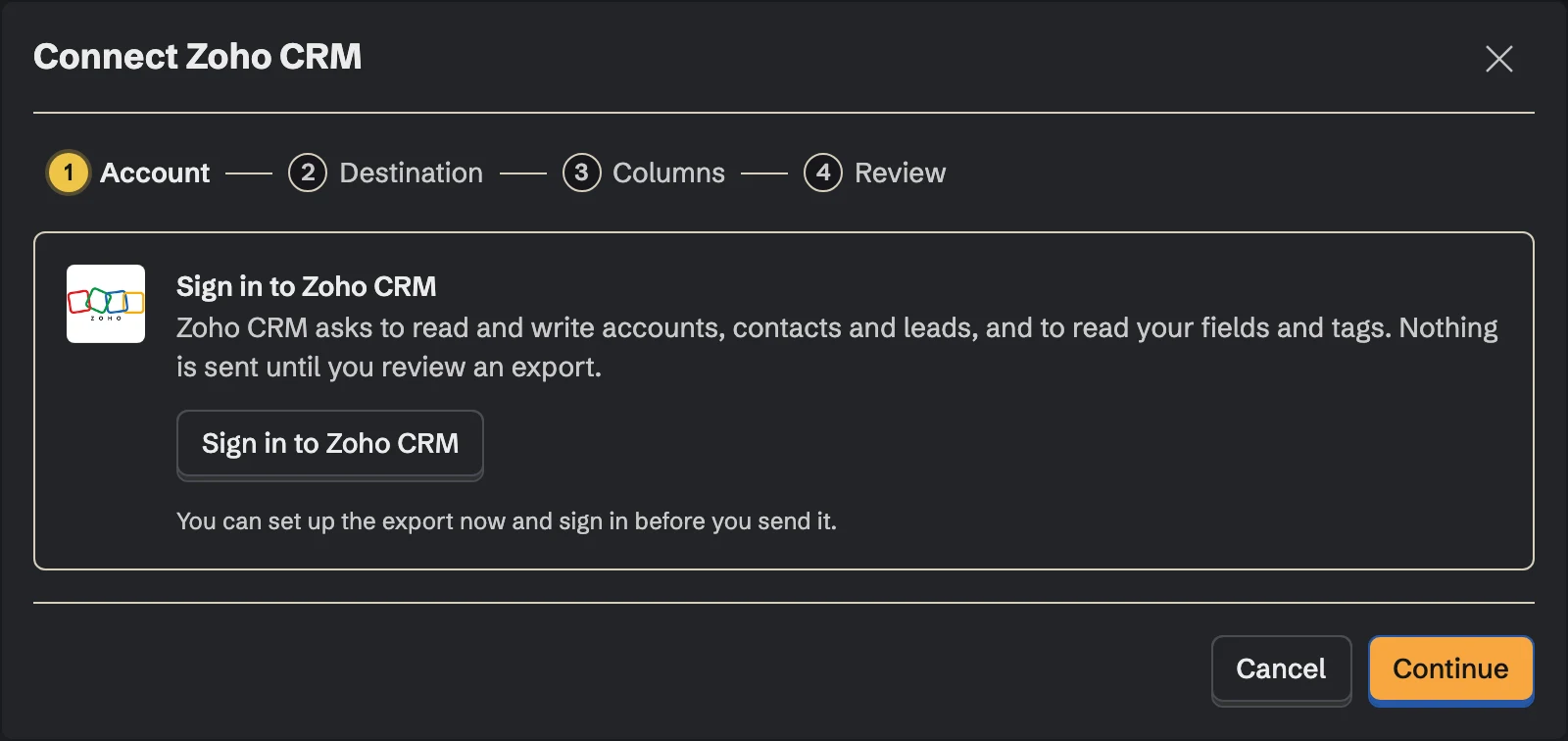Connect Zoho CRM, the Account step